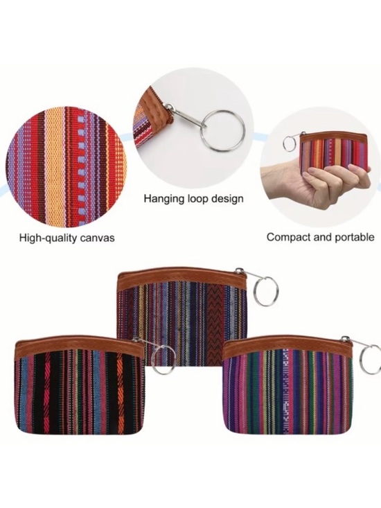 ⭐️ 5 for $25 Striped Woven Canvas Keyring Coin Pouch in Multicolor with Zipper - Picture 3 of 9